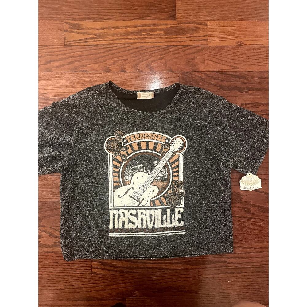 NWT Altar'd State Metallic Nashville Music Tee Women's Cropped Raw Hem Size M
